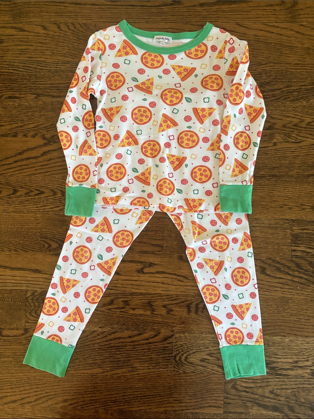 Kids White Pizza-Print Pajama Set with Green Trim
